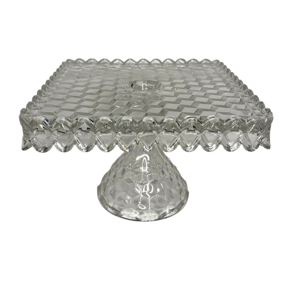 Fostoria American Glass Cubist Square Bell Pedestal Cake Stand w/ Rum Well